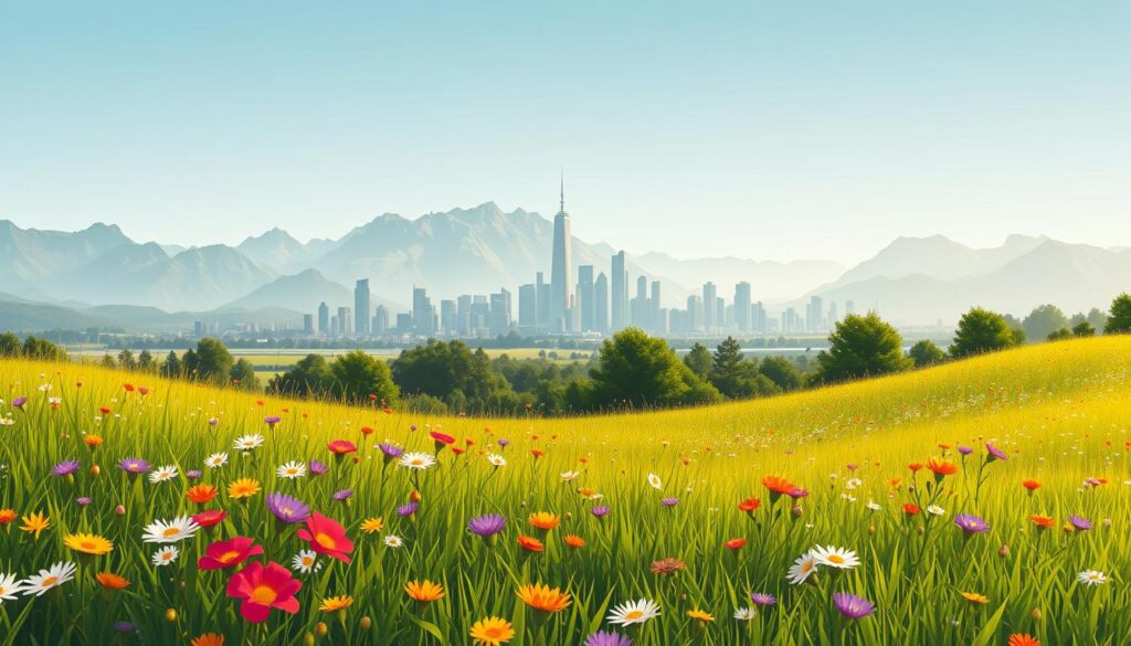 A sweeping landscape, capturing the delicate balance between progress and preservation. In the foreground, a lush, verdant meadow teeming with vibrant wildflowers. In the middle ground, a modern city skyline rises, its sleek glass and steel structures casting long shadows. The background is dominated by towering mountains, their peaks shrouded in a misty haze, a reminder of the natural beauty that surrounds us. The lighting is soft and diffused, creating a sense of serenity and contemplation. The camera angle is slightly elevated, allowing the viewer to take in the full scope of the scene, from the delicate flora to the imposing architecture. The overall mood is one of contemplation, inviting the viewer to consider the complex interplay between human development and environmental impact. The image conveys the importance of finding a balance, of measuring progress not just by economic growth, but by the health and sustainability of the natural world.