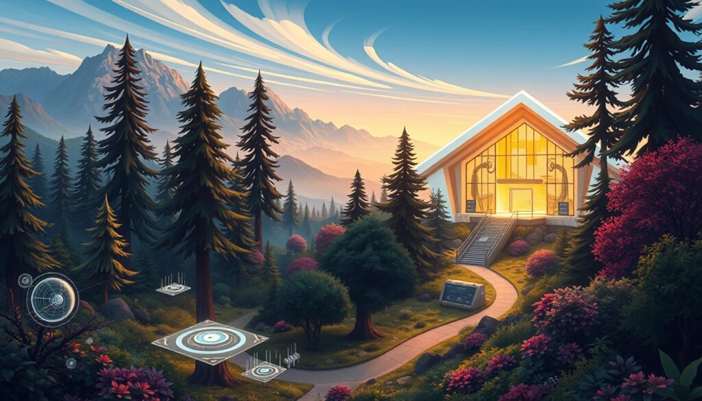 A sweeping, panoramic landscape with a central focus on a glowing, futuristic research station nestled in the heart of a lush, verdant forest. The station's sleek, angular architecture is bathed in warm, diffused light, with large windows that offer a glimpse into the advanced technological wonders within. In the foreground, a diverse array of cutting-edge research equipment and holographic displays float and hover, creating an atmosphere of discovery and innovation. The middle ground features a winding, meandering path leading up to the station, flanked by towering, ancient trees and vibrant, colorful foliage. The background showcases a breathtaking mountainous skyline, with wispy clouds drifting lazily across the sky. An overall sense of wonder, exploration, and the boundless potential of AI-powered discovery pervades the scene.