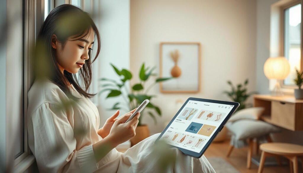 A tranquil, pastel-hued scene of Xiaohongshu's visual storytelling unfolds. In the foreground, a young woman perches on a cozy window seat, her face aglow as she scrolls through the app on her tablet. Soft, diffused lighting filters in, casting a warm, inviting ambiance. In the middle ground, delicate illustrations and product images are artfully displayed on the app's interface, drawing the viewer's eye. The background reveals a minimalist, Scandinavian-inspired room, where lush greenery and natural wood tones create a serene, relaxing atmosphere. The overall composition conveys the platform's emphasis on visually-driven, authentic content that resonates with its engaged community.