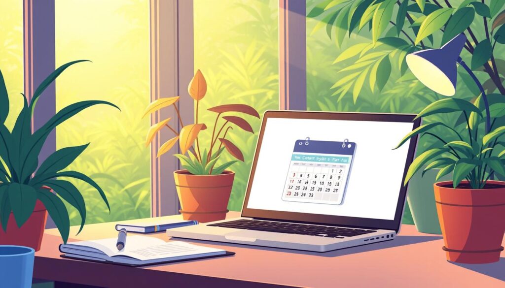 A tranquil workspace with a laptop, notebook, and vibrant potted plants. Soft, diffused lighting illuminates the scene, casting a warm, inviting glow. The laptop screen displays a calendar, symbolizing the ongoing nature of content updates and freshness. Surrounding the workspace, a lush, verdant background suggests a sense of growth, renewal, and a connection to the natural world. The overall atmosphere conveys a balance of productivity, organization, and a commitment to maintaining the relevance and vitality of the content being created.