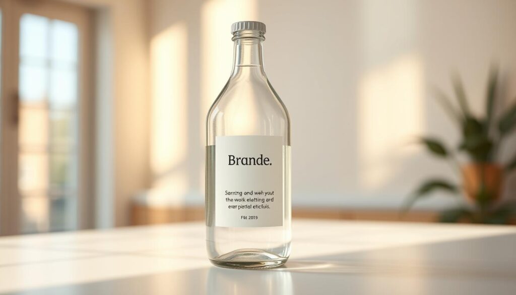 A transparent glass bottle filled with clear liquid, casting a soft, diffuse light on a clean, minimalist white tabletop. The bottle's label displays the brand's name and mission statement in a simple, sans-serif font. The background is slightly blurred, emphasizing the bottle's focus and conveying a sense of honesty and openness. Warm, natural lighting from an unseen source casts gentle shadows, creating a calm, inviting atmosphere. The overall composition exudes a feeling of transparency, authenticity, and ethical brand values.