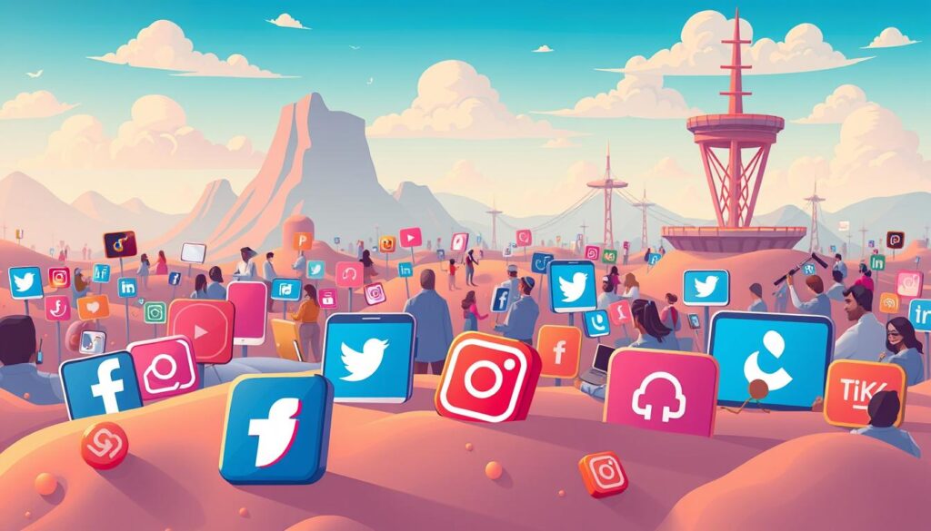 A vast digital landscape, where various social media platforms coexist in a harmonious symphony. In the foreground, sleek icons representing the major players - Facebook, Twitter, Instagram, LinkedIn, and TikTok - each with a distinct personality and allure. The middle ground showcases vibrant, dynamic interfaces, with users seamlessly navigating between these virtual hubs, sharing content, engaging in conversations, and building communities. In the background, a soft, muted color palette sets the stage, evoking a sense of interconnectedness and the ever-evolving nature of social media. Warm, diffused lighting bathes the scene, creating a welcoming and inviting atmosphere. The overall composition conveys the idea of a thriving digital ecosystem, where brands and influencers can strategically navigate to reach their target audiences.