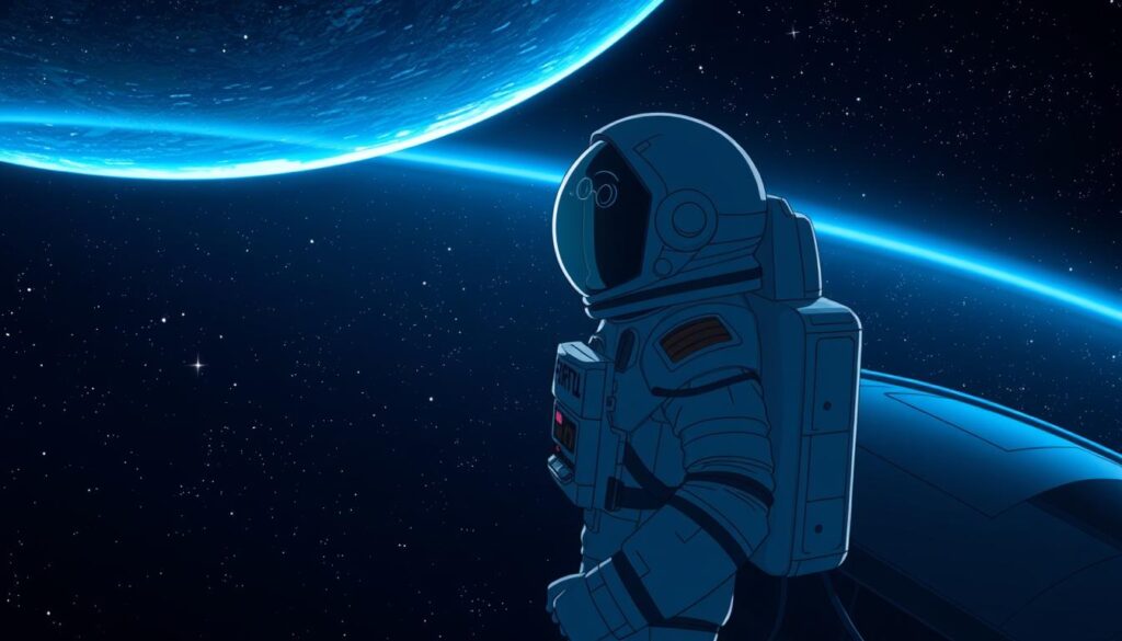 A vast, dimly lit virtual space surrounds a lone astronaut, tethered to a sleek, futuristic spacecraft. The astronaut, encased in a high-tech spacesuit, gazes out at the infinite expanse of stars, their reflection rippling across the visor. Soft, ambient lighting bathes the scene, casting a serene, contemplative mood. In the distance, the curvature of a planet Earth is visible, a glowing orb of blues and greens against the inky blackness of space. The astronaut's pose is one of tranquility and wonder, as if experiencing the awe and isolation of a true spacewalk, all from the comfort of their own home.