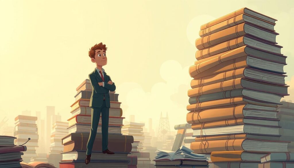 A vast expanse of knowledge, a towering stack of books, and a single figure standing amidst the intellectual landscape. Soft, warm lighting illuminates the scene, casting a glow on the well-worn tomes and the pensive expression of the authority figure. The background fades into a hazy, dreamlike quality, emphasizing the focus on the central subject. Intricate details of the books' spines and the thoughtful pose of the individual convey a sense of deep expertise and credibility. The composition suggests a harmonious balance between the breadth of information and the distilled wisdom of the topical authority.