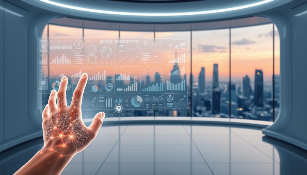 A vast, holographic interface hovers in a futuristic, minimalist environment. In the foreground, a glowing, translucent hand manipulates 3D data visualizations, the fingertips tracing intricate patterns. The middle ground is filled with a floating array of charts, graphs, and analytics dashboards, pulsing with real-time information. In the background, a panoramic, tinted window reveals a sleek, urban skyline, bathed in warm, ambient lighting. The scene conveys a sense of seamless integration between the physical and digital realms, highlighting the data-driven insights enabled by augmented reality technology.