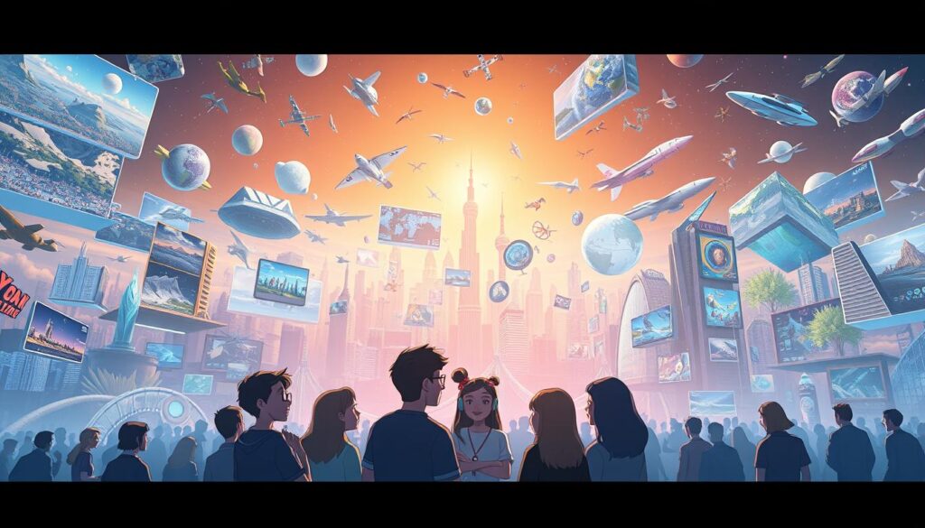 A vast, holographic landscape of intertwined virtual environments, teeming with life. In the foreground, a group of avatars engage in lively conversation, their expressive faces and gestures conveying a sense of immersion and connection. The middle ground features a diverse array of digital experiences - from vibrant cityscapes to serene natural vistas - all seamlessly blended together. In the background, a warm, diffused lighting casts a dreamlike glow, evoking a sense of wonder and limitless possibilities. The scene exudes a palpable atmosphere of boundless exploration, social interaction, and a profound blurring of the lines between the physical and digital realms.