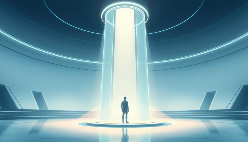 A vast, immersive virtual environment with a towering, holographic interface serving as the centerpiece. Sleek, minimalist design elements in shades of blue and grey create a sense of futuristic elegance. Soft, diffused lighting bathes the scene, casting a warm, inviting glow. The user, represented by a subtle silhouette, stands within the interactive space, surrounded by a panoramic display showcasing a cinematic VR experience. Subtle visual cues and fluid animations suggest the platform's ability to seamlessly integrate film, music, and documentary content. An atmosphere of wonder, discovery, and technological sophistication permeates the scene.