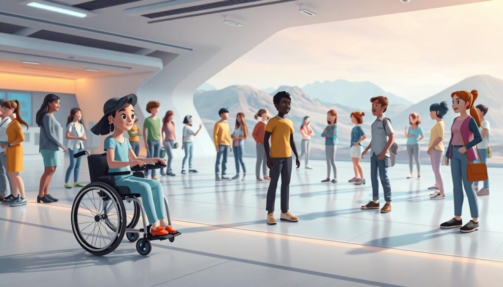 A vast, welcoming virtual environment with a diverse array of avatar representations, seamlessly integrated accessibility features. The foreground showcases a wheelchair-using avatar effortlessly navigating through a meticulously designed space, with tactile interfaces, voice controls, and visual cues aiding their experience. The middle ground features a mix of avatars with varying abilities, races, and ages, engaging in collaborative tasks, while the background depicts a serene, futuristic landscape with warm, diffused lighting and a sense of harmony. The scene conveys a profound commitment to inclusivity, empowering all individuals to participate and thrive in this virtual world.