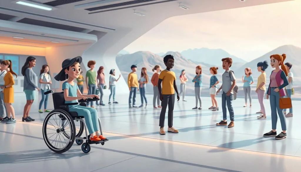 A vast, welcoming virtual environment with a diverse array of avatar representations.