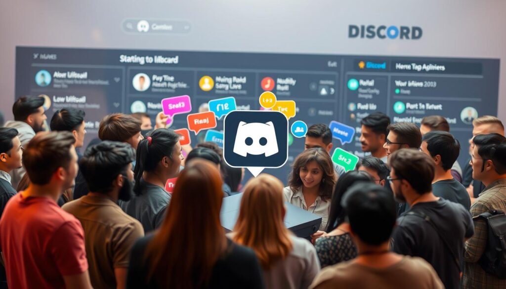 A vibrant Discord community, its members engaged in lively conversations, exchanging ideas and building connections. In the foreground, a group of diverse avatars, each representing a unique personality, gathered around a central server icon, signifying the hub of their digital gathering. The middle ground features colorful chat bubbles, pulsing with activity, while the background depicts a sleek, modern interface, with server channels and icons showcasing the platform's features. Soft, diffused lighting creates a warm, welcoming atmosphere, and the overall composition conveys a sense of growth, collaboration, and a thriving online community.