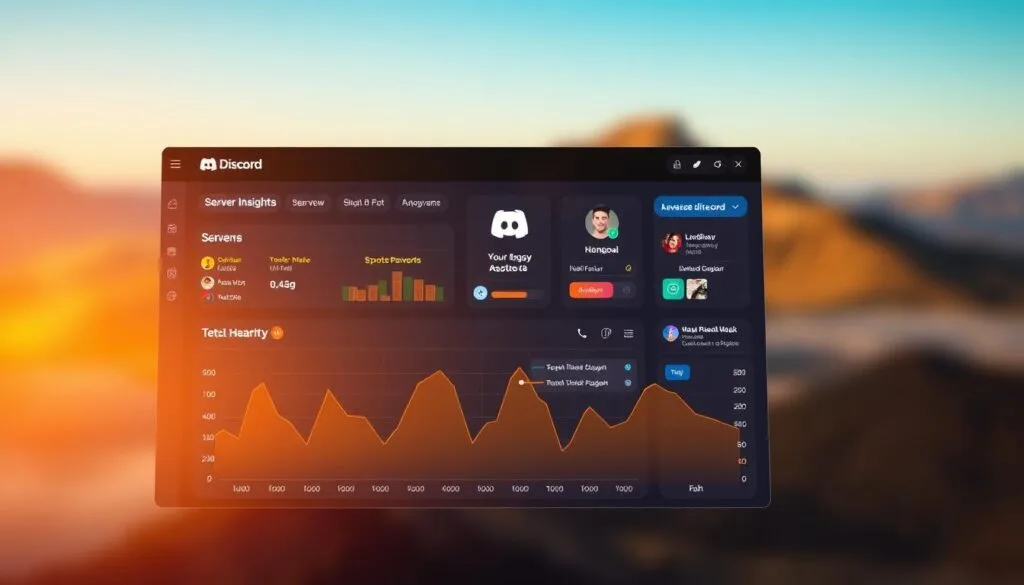 A vibrant Discord server dashboard, illuminated by a soft, warm glow. In the foreground, a detailed graph showcases server insights, with colorful data points and crisp visualizations. The middle ground features dynamic icons and interactive elements, hinting at the server's active community. In the background, a blurred, abstract landscape sets the stage, evoking a sense of digital tranquility. The overall composition radiates a professional, yet approachable atmosphere, inviting the viewer to explore the server's advanced business-focused features.