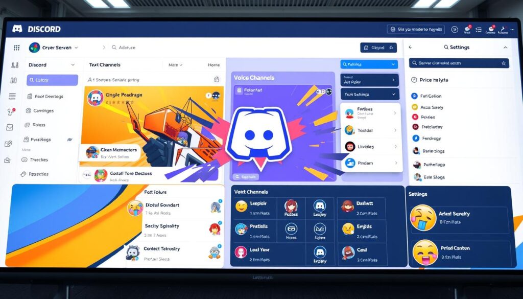 A vibrant and customized Discord server with a sleek, modern interface. In the foreground, a central server banner featuring bold, eye-catching graphics and a custom server logo. In the middle ground, customized text channels and voice channels with unique icons and emojis, reflecting the server's theme and branding. The background showcases a stylish, minimalist server settings menu, allowing for seamless customization of server roles, permissions, and other key features. Lighting is bright and clean, with a sense of depth and dimension, captured through a wide-angle lens. The overall mood is professional, dynamic, and inviting, encouraging active engagement and community building.