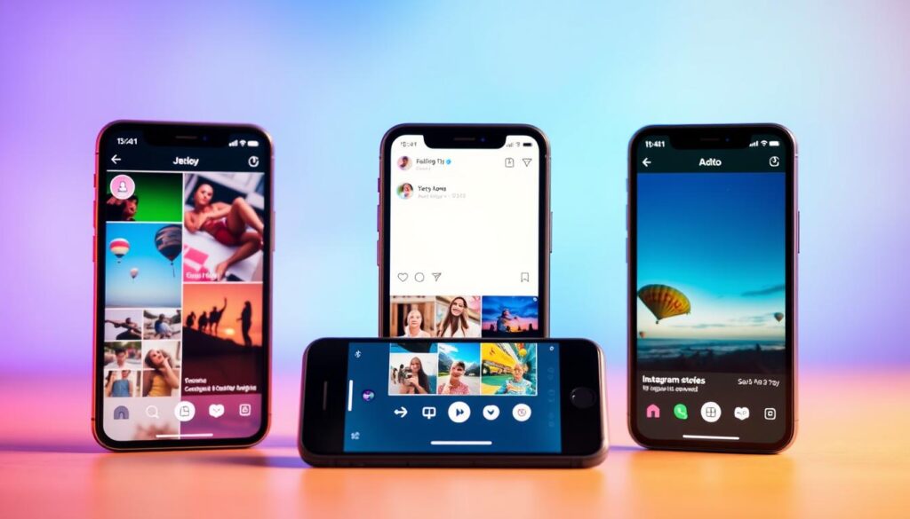 A vibrant and dynamic Instagram stories interface, showcasing a collection of visually captivating vertical panels. The foreground features a smartphone screen displaying various stories, with engaging content such as photographs, videos, and dynamic graphics. The middle ground depicts a minimalist, modern interface with sleek icons and intuitive navigation controls. The background presents a soft, blurred gradient in shades of blue and purple, creating a sense of depth and digital elegance. The overall scene is illuminated by a warm, diffused lighting, highlighting the vivid colors and textures of the Instagram stories experience. The composition conveys the immersive and visually appealing nature of this popular social media feature.