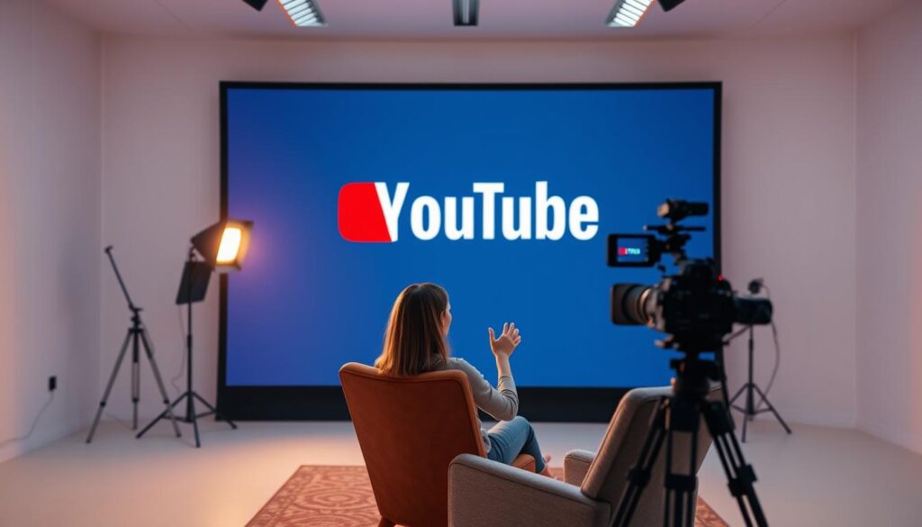 A vibrant and dynamic YouTube channel against a backdrop of a modern, minimalist studio. The channel's logo is prominently displayed on a large screen, its bright colors and sleek design capturing the attention. In the foreground, a creator sits in a comfortable chair, gesturing passionately as they film their latest video. Soft, warm lighting illuminates the scene, creating a welcoming and professional atmosphere. The overall composition conveys the excitement, creativity, and potential of a successful YouTube channel in 2023.