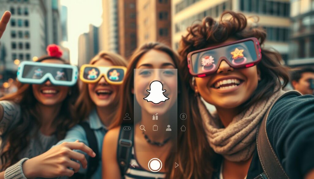A vibrant and dynamic scene showcasing Snapchat's iconic augmented reality lenses. In the foreground, a group of friends playfully experimenting with various digital filters, their faces transformed by whimsical 3D effects and animated elements. The middle ground captures the lens selection interface, its sleek design and intuitive controls inviting exploration. In the background, a blurred urban cityscape provides a contemporary setting, hinting at the versatility and universal appeal of these augmented reality tools. Warm, diffused lighting creates a sense of depth and atmosphere, while strategic camera angles emphasize the interactive and immersive nature of the Snapchat lens experience.
