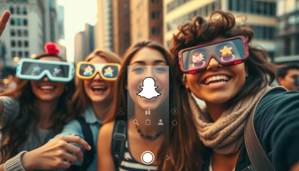 A vibrant and dynamic scene showcasing Snapchat's iconic augmented reality lenses. In the foreground, a group of friends playfully experimenting with various digital filters, their faces transformed by whimsical 3D effects and animated elements. The middle ground captures the lens selection interface, its sleek design and intuitive controls inviting exploration. In the background, a blurred urban cityscape provides a contemporary setting, hinting at the versatility and universal appeal of these augmented reality tools. Warm, diffused lighting creates a sense of depth and atmosphere, while strategic camera angles emphasize the interactive and immersive nature of the Snapchat lens experience.