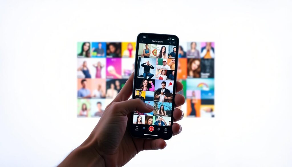 A vibrant and engaging TikTok interface, showcasing a grid of vertically scrolling video thumbnails on a crisp, minimalist background. In the foreground, a hand holding a smartphone, capturing the attention-grabbing scrolling motion that epitomizes the TikTok experience. The middle ground features an array of colorful, dynamic video thumbnails, each representing different content verticals like dance, comedy, and tutorials. The background has a soft, blurred gradient, adding depth and emphasis to the central TikTok UI elements. The overall mood is energetic, immersive, and visually captivating, reflecting the highly engaging nature of the TikTok platform.