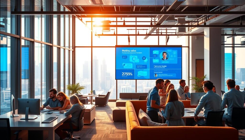 A vibrant and engaging corporate office scene showcasing the dynamic culture of a leading company on LinkedIn. In the foreground, a group of diverse employees collaborating at a sleek, modern workstation, their expressions animated as they brainstorm ideas. The middle ground features an open-concept lounge area with plush seating and a striking digital display wall, showcasing the company's values and achievements. In the background, an expansive view of the city skyline through floor-to-ceiling windows, bathed in warm, natural lighting that filters through. The overall atmosphere conveys a sense of creativity, innovation, and a vibrant, inclusive work environment that would appeal to top talent.