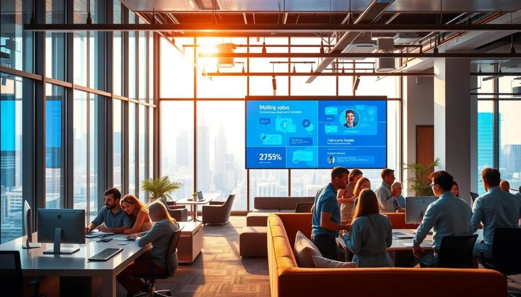 A vibrant and engaging corporate office scene showcasing the dynamic culture of a leading company on LinkedIn. In the foreground, a group of diverse employees collaborating at a sleek, modern workstation, their expressions animated as they brainstorm ideas. The middle ground features an open-concept lounge area with plush seating and a striking digital display wall, showcasing the company's values and achievements. In the background, an expansive view of the city skyline through floor-to-ceiling windows, bathed in warm, natural lighting that filters through. The overall atmosphere conveys a sense of creativity, innovation, and a vibrant, inclusive work environment that would appeal to top talent. A vibrant and engaging corporate office scene showcasing the dynamic culture of a leading company on LinkedIn. In the foreground, a group of diverse employees collaborating at a sleek, modern workstation, their expressions animated as they brainstorm ideas. The middle ground features an open-concept lounge area with plush seating and a striking digital display wall, showcasing the company's values and achievements. In the background, an expansive view of the city skyline through floor-to-ceiling windows, bathed in warm, natural lighting that filters through. The overall atmosphere conveys a sense of creativity, innovation, and a vibrant, inclusive work environment that would appeal to top talent.