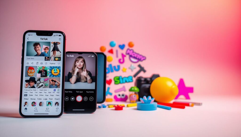 A vibrant and visually striking composition showcasing the creative tools of TikTok. In the foreground, a smartphone display prominently features the TikTok app interface, with intuitive editing tools, filters, and effects at the user's fingertips. The middle ground features a dynamic array of TikTok-specific creative elements, such as colorful emojis, animated stickers, and dynamic text overlays. The background sets the scene with a sleek, minimalist aesthetic, perhaps a studio-like setting with soft, even lighting and a subtle gradient backdrop, highlighting the technological nature of the tools. The overall mood is one of energy, creativity, and the endless possibilities afforded by TikTok's suite of creative options.