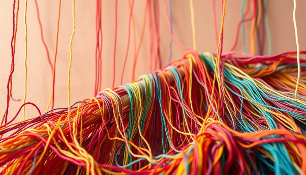 A vibrant array of colorful threads, intertwined and cascading against a backdrop of soft, muted tones. The foreground showcases a tapestry of intricate textures, with strands of varying thickness and hues weaving together to create a captivating visual symphony. In the middle ground, the threads form intricate patterns, suggesting a sense of order and purpose, while the background remains subtly out of focus, allowing the central elements to take center stage. The lighting is warm and natural, casting a gentle glow that enhances the richness of the colors and the depth of the composition. The overall mood is one of creativity, engagement, and a sense of connection, reflecting the themes of the article's section on content strategies that drive audience engagement.