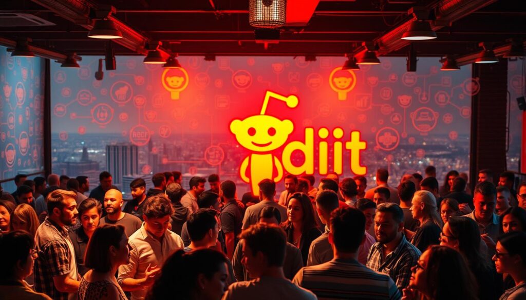 A vibrant, bustling Reddit community hub, bathed in warm, inviting lighting. In the foreground, a diverse group of Redditors engage in lively discussions, their expressions animated and their gestures dynamic. The middle ground showcases the iconic Reddit logo, its bold orange hue standing out against a backdrop of intricate, interconnected subreddit icons. The distant background reveals a cityscape, with skyscrapers and infrastructure representing the vast, interconnected network of Reddit communities. The overall atmosphere is one of collaboration, intellectual discourse, and a shared sense of online camaraderie.