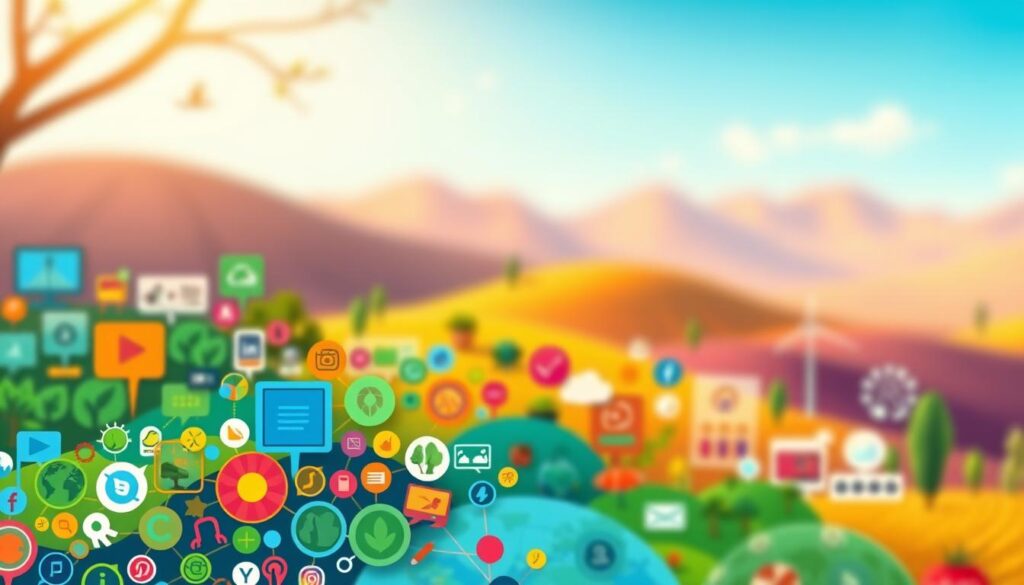 A vibrant collage of diverse topics, arranged in a visually striking layout. In the foreground, clusters of interconnected icons and symbols representing sustainability, technology, and social media. In the middle ground, a seamless tapestry of vivid hues and textures, evoking a sense of interconnectedness and progress. The background features a softly blurred landscape, hinting at the broader context of the subject matter. Warm, natural lighting casts a welcoming glow, while a slight depth-of-field effect draws the viewer's attention to the central focus. The overall composition conveys a sense of harmony, innovation, and a forward-looking approach to content creation that serves both users and sustainability goals.