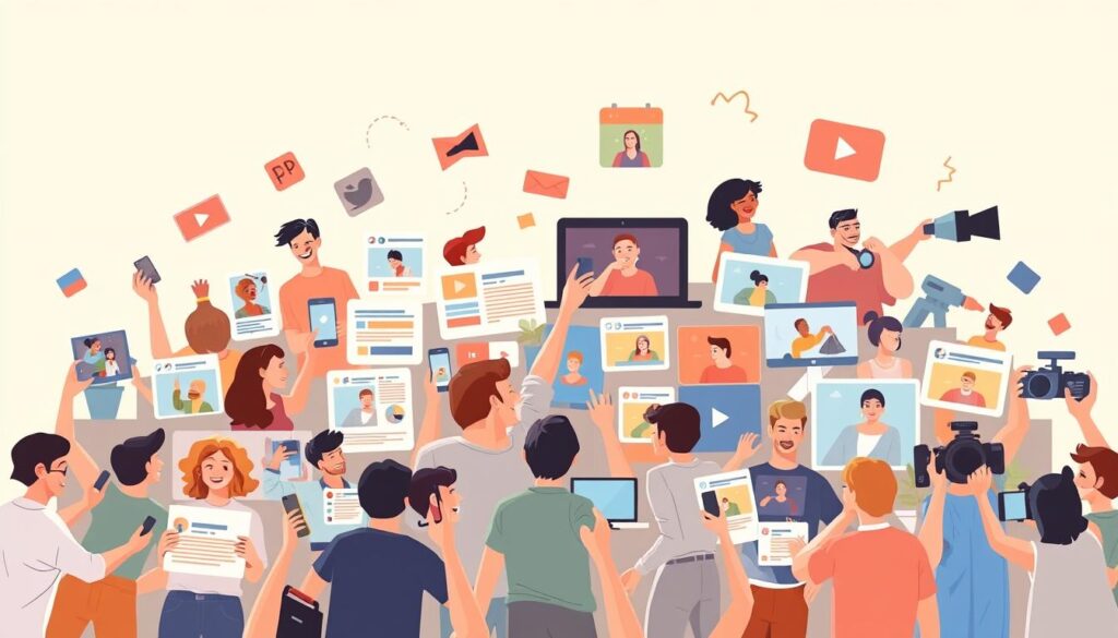 A vibrant collage showcasing diverse user-generated content (UGC) examples. In the foreground, a grid of engaging social media posts, product reviews, and user-created videos, all brimming with energy and authenticity. The middle ground features a dynamic arrangement of smartphone screens, digital cameras, and content creation tools, hinting at the varied channels and tools used to generate this content. The background establishes a sleek, minimalist environment with clean lines and a neutral color palette, allowing the UGC elements to take center stage. Warm, natural lighting casts a soft glow, emphasizing the human touch and organic nature of the UGC. An overall sense of creativity, collaboration, and community pervades the scene, reflecting the power of user-generated content.