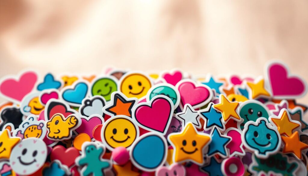 A vibrant collection of playful stickers against a soft, blurred background. In the foreground, an assortment of whimsical icons - emojis, hearts, stars, and other shapes - in a variety of bright, vivid colors. The stickers are arranged in a dynamic, overlapping composition, creating a sense of movement and energy. The middle ground features a subtle gradient or texture, adding depth and visual interest. The lighting is warm and diffused, lending a cozy, inviting atmosphere. The overall mood is joyful, creative, and perfect for enhancing an Instagram story.