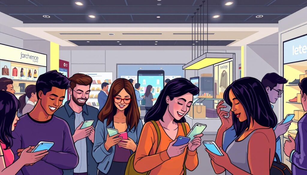A vibrant, contemporary scene of social commerce in action. In the foreground, a diverse group of people engaged in lively interactions and transactions on their mobile devices, their faces illuminated by the warm glow of their screens. In the middle ground, a seamless blend of digital and physical elements - product displays, interactive kiosks, and social media feeds. The background showcases a modern, minimalist retail space, with clean lines and subtle branding, creating a sleek and inviting atmosphere. The lighting is soft and diffused, highlighting the dynamic nature of this new era of ecommerce, where social connections and digital platforms converge to drive a more immersive and personalized shopping experience.