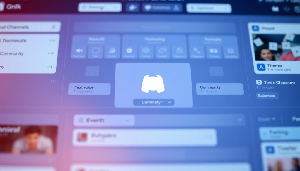 A vibrant, detailed Discord channel structure with distinct sections. Crisp, clean interface design with a sleek, modern aesthetic. Channels arranged in a grid layout, each with clear icons and descriptive names. Smooth transitions between sections, gentle lighting casts a warm glow. Subtle depth of field, drawing the eye to the central channels. Minimalist design elements, no clutter or distractions. Channels grouped by functionality - text, voice, community, events. Elegant, intuitive user experience that facilitates seamless organization and communication.