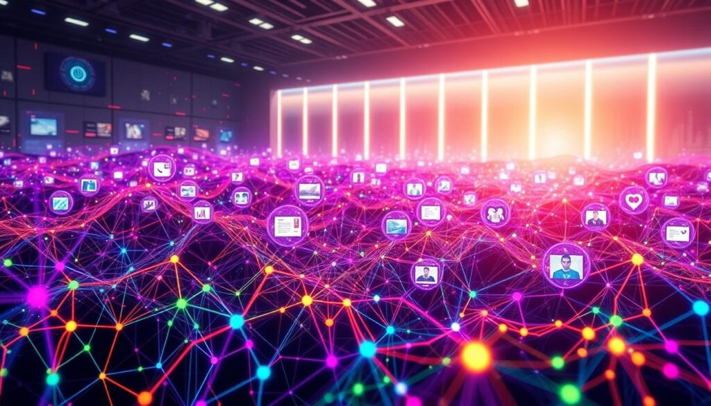 A vibrant digital landscape showcasing the power of Meta Threads. In the foreground, a diverse tapestry of interconnected thread-like structures, each pulsing with a unique energy. The middle ground features an array of engaging visuals, from dynamic data visualizations to interactive social media feeds, all seamlessly woven together. In the background, a sleek and modern backdrop, bathed in a warm, ambient glow, suggesting the vast potential of this innovative platform. The overall scene conveys a sense of connectivity, creativity, and the boundless opportunities for online presence and engagement.