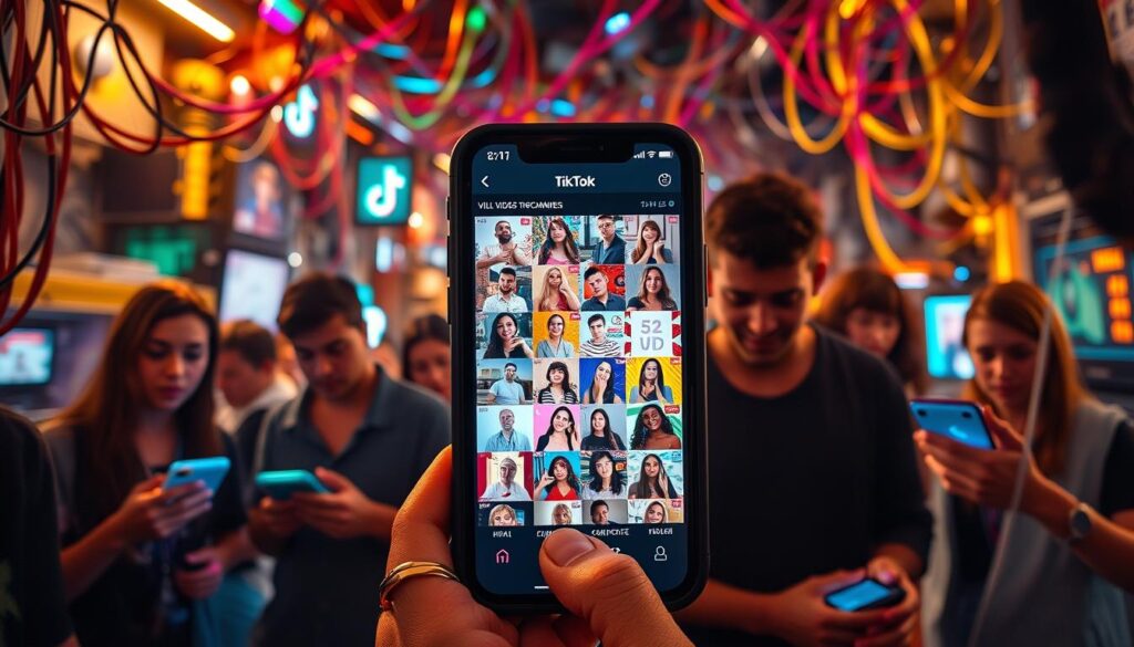 A vibrant, dynamic TikTok-inspired scene. In the foreground, a smartphone screen displays a mesmerizing feed of viral video thumbnails, each one a potential hit. The middle ground features a diverse array of TikTok creators, their expressions captivating, gestures energetic, as they engage with their devices. In the background, a tangle of colorful wires, glowing screens, and pulsing lights evoke the technological underpinnings of the platform. Warm, dynamic lighting accentuates the sense of excitement and potential, while a shallow depth of field draws the viewer's eye to the central smartphone screen. The overall atmosphere conveys the allure, creativity, and unpredictability of going viral on TikTok.
