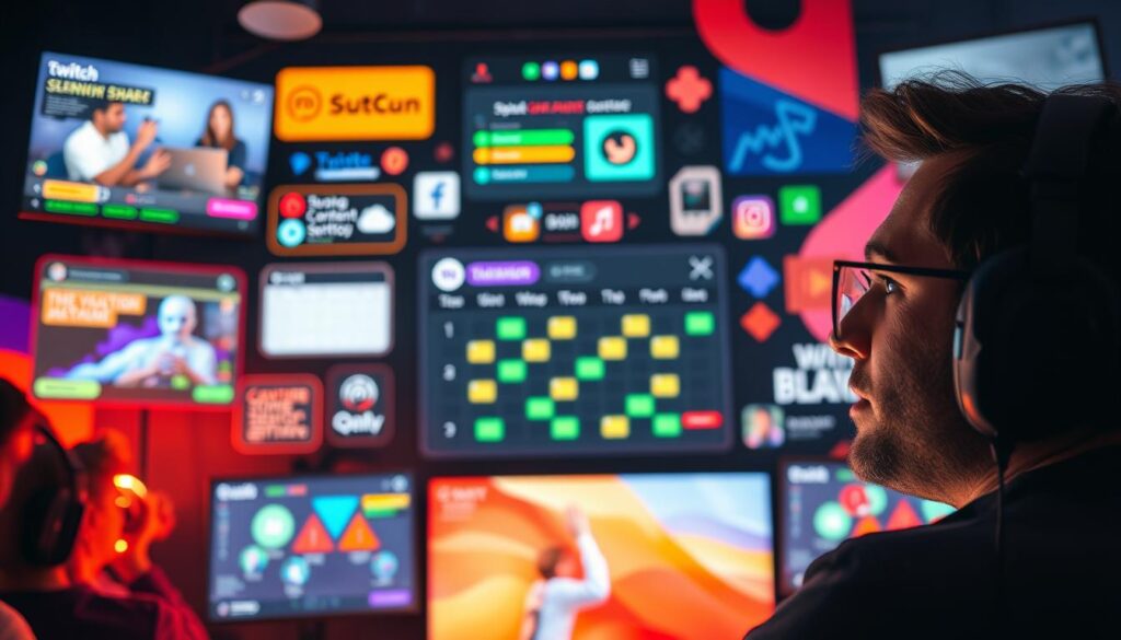 A vibrant, dynamic Twitch content strategy scene. In the foreground, a streamer earnestly engaged with their audience, their face illuminated by the glow of a gaming setup. Behind them, an array of colorful, eye-catching overlays, alerts, and panels that create an immersive visual experience. The middle ground features a calendar, social media icons, and other tools that enable strategic content planning and audience engagement. In the background, a backdrop of abstract shapes and gradients, suggesting the ever-evolving nature of the platform and the need for adaptability. The overall mood is one of energy, creativity, and a passion for building a thriving Twitch community. Lit by a warm, natural-looking lighting, captured with a wide-angle lens to convey a sense of depth and grandeur.