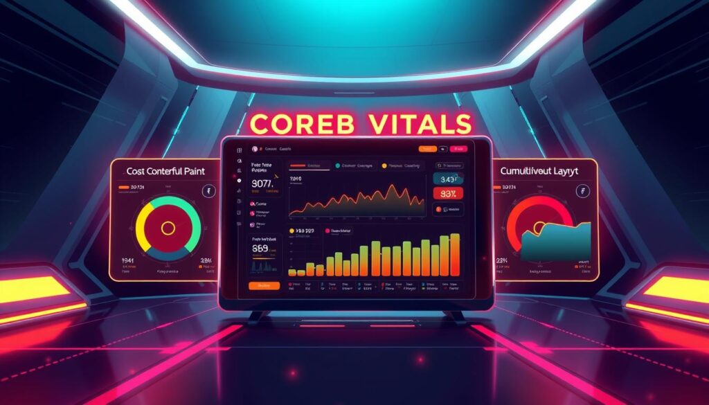 A vibrant, dynamic illustration showcasing the core web vitals - Largest Contentful Paint, First Input Delay, and Cumulative Layout Shift. Set against a sleek, futuristic backdrop, with a central dashboard displaying real-time metrics and performance data. Intricate data visualizations and glowing UI elements create a sense of technological sophistication, while the overall composition conveys the importance of optimizing page speed and user experience for modern web success. Dramatic lighting and camera angles emphasize the gravity and significance of these crucial metrics.