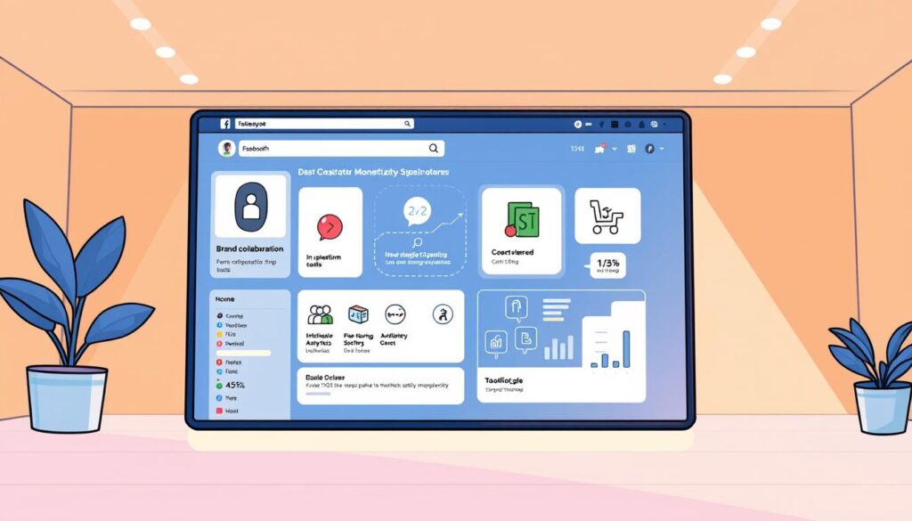 A vibrant, dynamic scene depicting the elements of Facebook's partner monetization tools. In the foreground, a sleek, modern Facebook interface showcases a suite of monetization options - from brand collaboration tools to in-platform shops and ads. The middle ground features stylized icons and data visualizations, highlighting the analytical and revenue-tracking capabilities. In the background, a warm, neutral-toned environment sets the stage, creating a professional, technology-driven atmosphere. Soft, directional lighting accentuates the clean, minimalist aesthetic, while a shallow depth of field draws the viewer's focus to the key features of Facebook's creator monetization ecosystem.