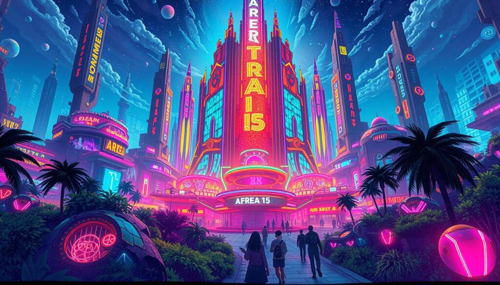A vibrant, futuristic metropolis emerges, bathed in a kaleidoscope of neon lights and holographic displays. At its heart, AREA15 stands as a captivating oasis of interactive experiences, where reality and imagination collide. The towering, angular facades of the complex are adorned with dynamic, ever-changing digital art, inviting visitors to step into a realm of wonder and discovery. Lush, otherworldly landscapes surround the main structure, creating a sense of an alternate dimension, where the boundaries between the physical and the digital blur. A sense of curiosity and anticipation permeates the air, as visitors eagerly explore the immersive installations and interactive exhibits that promise to transport them to realms beyond their wildest dreams.