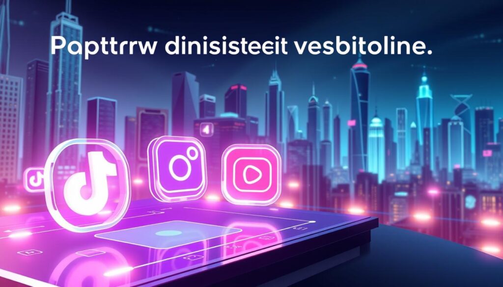 A vibrant, futuristic scene showcasing the platform discoverability landscape. In the foreground, glowing holographic icons representing popular short-form video platforms - TikTok, Instagram Reels, and YouTube Shorts - float and pulse with energy. The middle ground features a sleek, minimalist interface with smooth touch gestures and intuitive controls, inviting the viewer to explore the platforms. In the background, a cityscape of towering skyscrapers and holograms creates a sense of scale and technological advancement. Dramatic lighting casts long shadows, heightening the dynamic and immersive atmosphere. The overall composition conveys the power and ubiquity of these social media platforms in the year 2025.