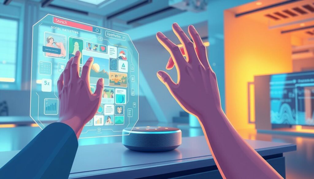 A vibrant, futuristic voice-activated visual search interface. In the foreground, a disembodied hand gestures towards a holographic display, its smooth movements captured by a high-resolution camera. The display showcases a collage of images, headlines, and interactive elements, responding to the user's voice commands. The middle ground features a sleek, minimalist device with integrated microphones and sensors, bathed in warm ambient lighting. The background is a cool-toned, high-tech environment, with architectural elements and subtle data visualizations hinting at the power of this voice-driven search technology. The overall mood is one of seamless, intuitive interaction between human and machine, setting the stage for the future of social content optimization.