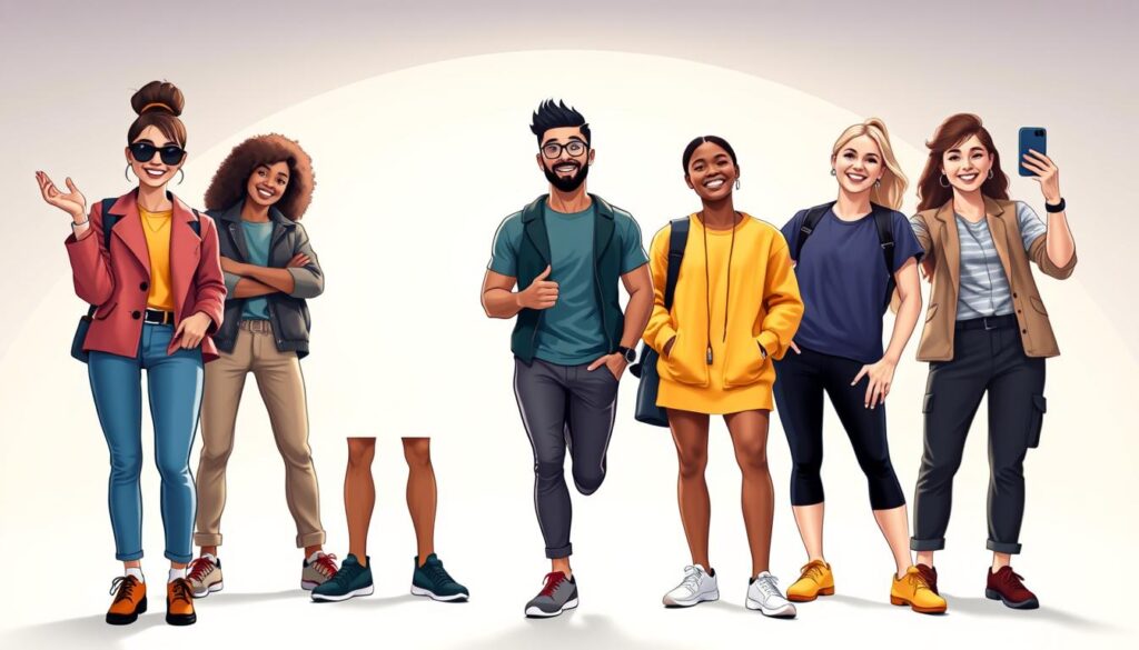 A vibrant group of micro-influencers, each with a distinct style and following, standing against a sleek, minimalist backdrop. The foreground features three individuals captured in a tight, high-angle frame - a fashionable young woman posing confidently, a stylish male influencer gesturing animatedly, and a fitness-focused content creator mid-stride. The middle ground showcases two more micro-influencers, one curating an artful flat-lay and the other capturing a candid selfie. The background is a clean, well-lit studio setting, emphasizing the diverse yet cohesive nature of this micro-influencer collective. Soft, directional lighting illuminates their faces, conveying an air of professionalism and social media savvy.