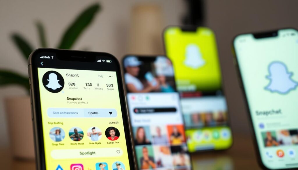 A vibrant, high-contrast image of a Snapchat public profile interface. The foreground depicts a sleek, minimalist profile page with a large profile picture, username, and a series of Snap Story thumbnails arranged in a grid. The middle ground showcases the Spotlight feature, with a video thumbnail and interactive controls. The background is a blurred, out-of-focus representation of the Snapchat app UI, highlighting the profile's positioning within the broader social media platform. The lighting is natural and diffused, creating a sense of depth and dimension. The overall aesthetic is modern, clean, and inviting, reflecting the approachable and engaging nature of a Snapchat public profile.