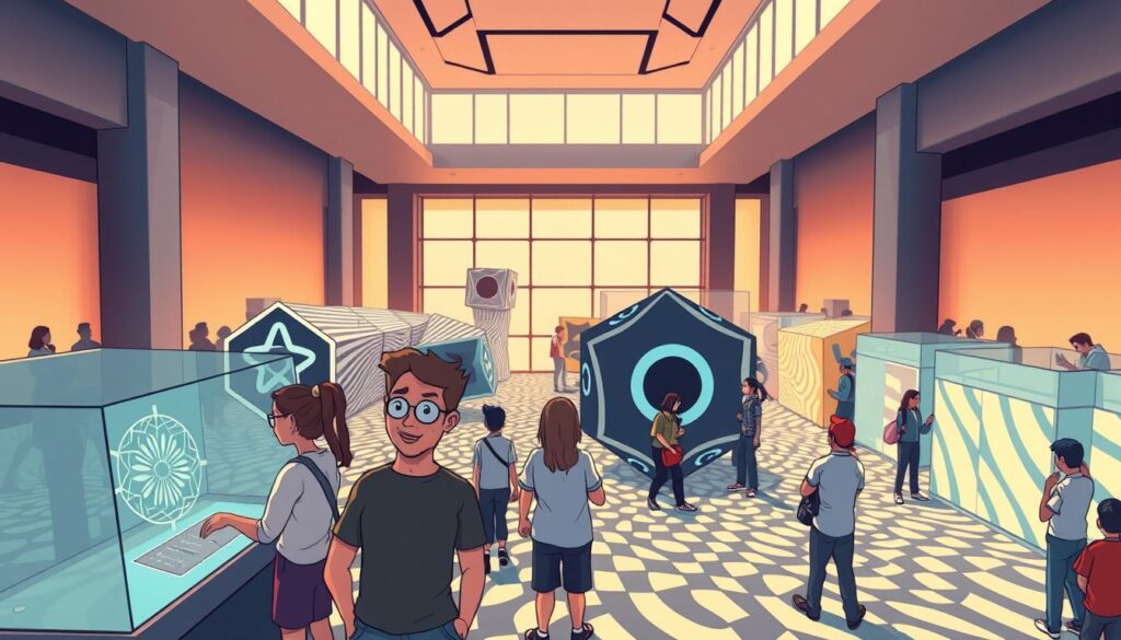 A vibrant, immersive scene at the Paradox Museum in Miami, showcasing a captivating array of optical illusions. In the foreground, a group of visitors engage with interactive displays, their expressions filled with wonder and curiosity as they navigate the mind-bending puzzles. The middle ground features a series of surreal, geometric structures that seem to defy the laws of physics, casting intricate shadows and creating a sense of depth and disorientation. In the background, a sleek, modern interior with high ceilings and large windows bathes the space in warm, diffused lighting, further enhancing the otherworldly atmosphere. The overall composition conveys a sense of discovery, wonder, and the power of visual perception to challenge our understanding of reality.