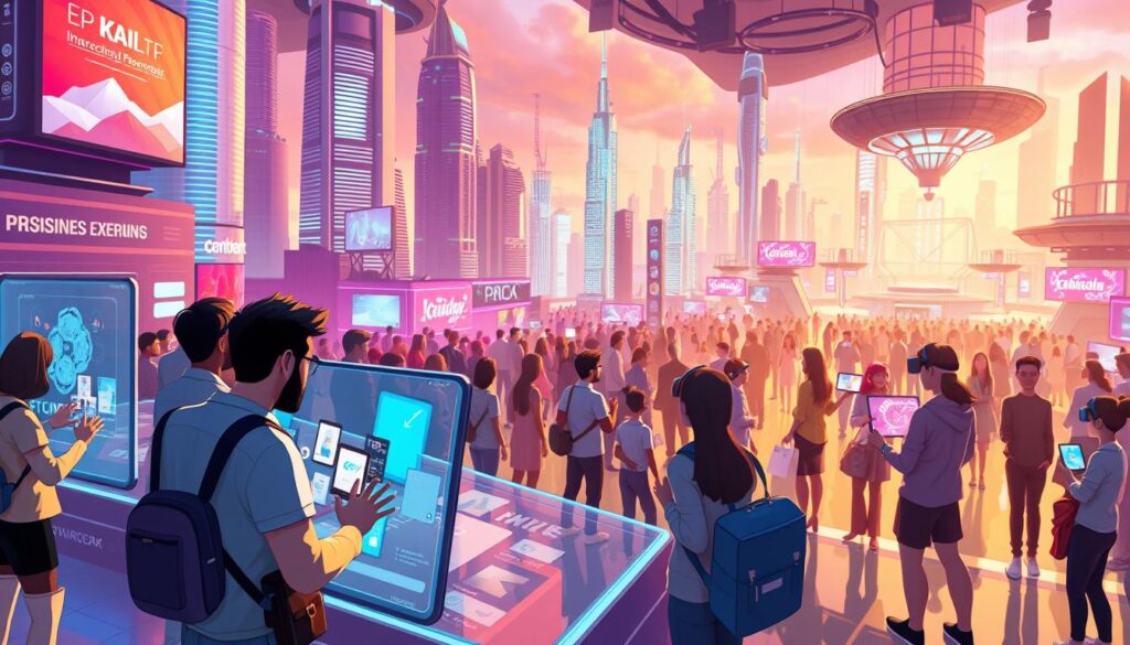 A vibrant, immersive virtual world where avatars engage in cutting-edge marketing campaigns. In the foreground, avatars interact with holographic displays showcasing innovative product experiences. In the middle ground, a dynamic crowd of avatars explores interactive brand activations, gesturing and conversing. The background reveals a futuristic cityscape of towering skyscrapers, neon-lit streets, and floating platforms, bathed in a warm, cinematic lighting. An atmosphere of wonder, interactivity, and boundless creativity pervades the scene, capturing the boundless potential of avatar-based virtual worlds for reimagining marketing and brand engagement.