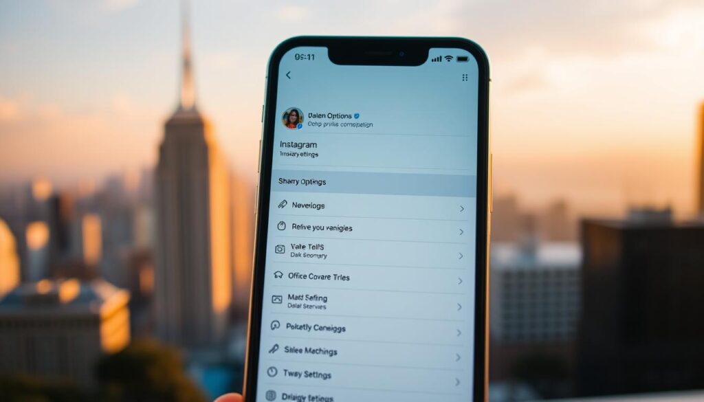 A vibrant, modern Instagram story layout with a focused foreground composition. A smartphone screen displays Instagram's privacy settings and sharing options, with a minimal, clean UI design. The background features a soft, blurred city skyline in warm, golden hues, creating a sense of urban sophistication. Gentle, directional lighting from the upper left casts subtle shadows, enhancing the depth and dimensionality. The overall mood is professional, polished, and visually engaging, perfectly suited to illustrate the "Set Privacy and Sharing Options" section of the article.
