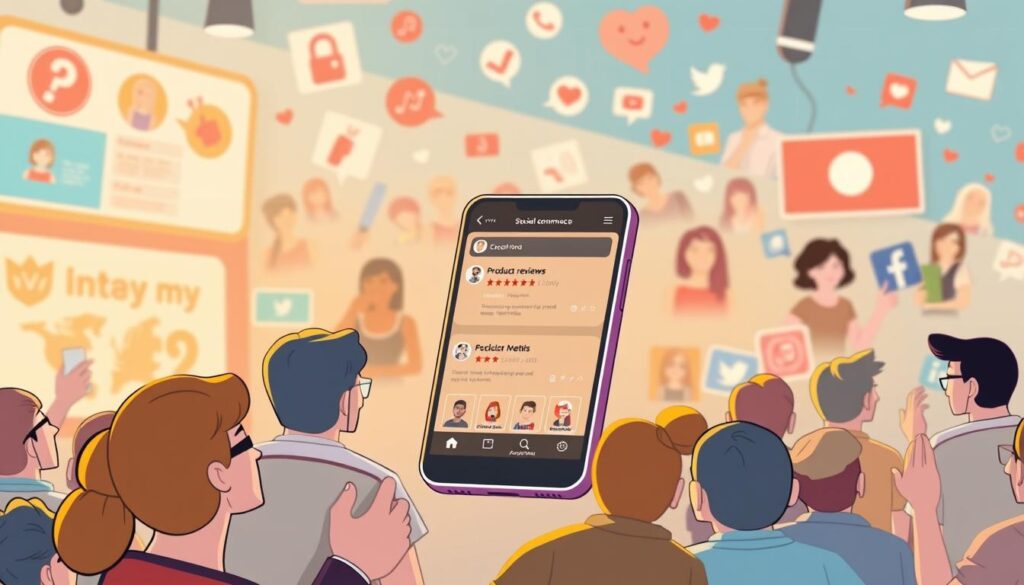 A vibrant social commerce scene with a foreground showcasing user-generated content (UGC) in the form of product reviews, ratings, and social media posts. The middle ground features a mobile device display with a sleek e-commerce interface, highlighting the seamless integration of social proof and customer feedback. The background depicts a lively online community, with various social media platforms and influencer activity, creating a sense of trust and engagement. The lighting is soft and natural, conveying a warm and approachable atmosphere. The overall composition emphasizes the power of UGC and social proof in driving customer confidence and driving sales in the modern e-commerce landscape.