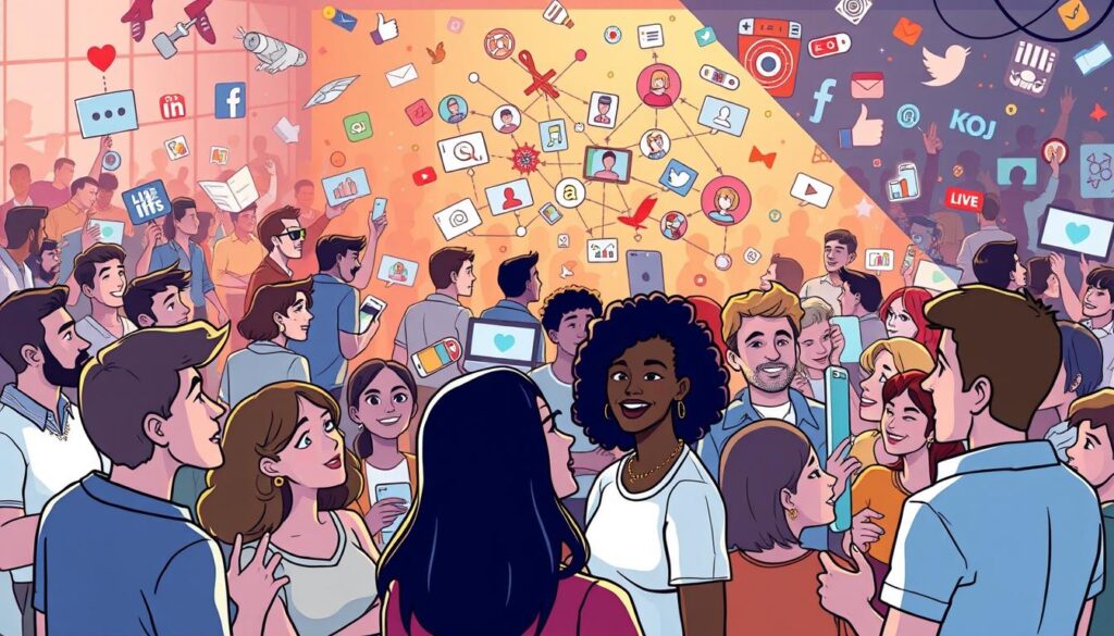 A vibrant social media community, bustling with diverse voices and connections. In the foreground, a group of people engaged in lively discussions, their expressions animated and their gestures dynamic. In the middle ground, a network of digital platforms, each with its own unique character, seamlessly intertwined. The background is a kaleidoscope of trending topics, viral content, and a sense of shared purpose, all illuminated by warm, natural lighting that casts a welcoming glow. The overall atmosphere is one of collaboration, trust, and a collective drive to make a positive impact, reflecting the theme of "Distribute Smartly on Social Media and Activate Credible Influencers".
