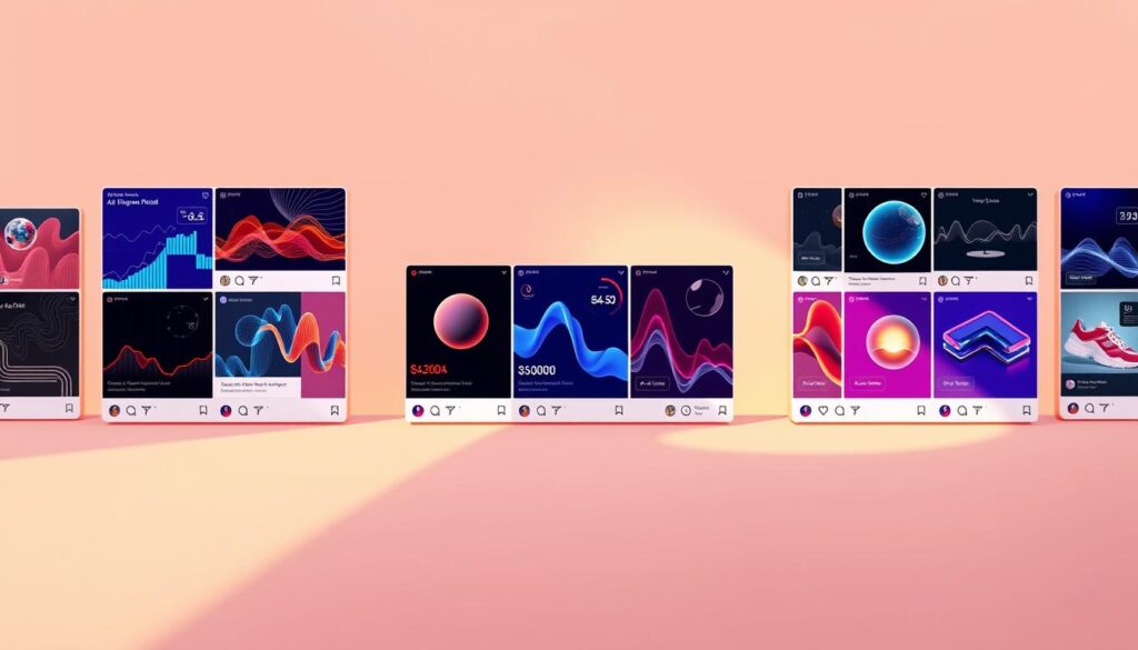 A vibrant social media feed, with a sleek, minimalist aesthetic. In the foreground, a collection of visually striking digital posts, each showcasing a different style of AI-generated imagery - from dynamic data visualizations to hyper-realistic product renders. The middle ground features a seamless grid layout, with posts cascading elegantly across the frame. In the background, a soft, gradient-based backdrop provides a subtle, yet impactful canvas. Warm, directional lighting casts gentle shadows, accentuating the depth and dimensionality of the display. The overall mood is one of effortless sophistication, highlighting the power of AI-driven content to captivate and engage modern social media audiences.