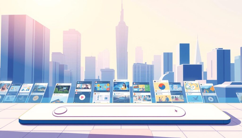 A vibrant visual search interface dominates the foreground, showcasing a sleek, modern design with intuitive controls and a large search input field. In the middle ground, a variety of social media content thumbnails are displayed, ranging from images and videos to interactive elements, all optimized for visual search. The background depicts a minimalist cityscape, conveying a sense of innovation and technological progress, with strategic lighting and depth-of-field creating a captivating, futuristic atmosphere.