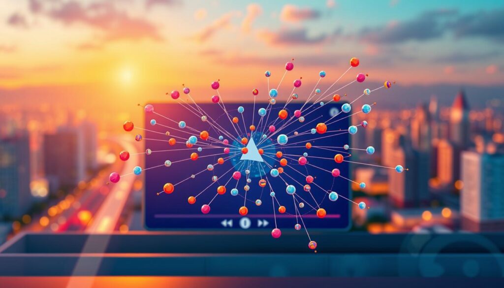 A vibrant, visually striking image depicting the concept of "keyword mapping" in the context of video optimization. In the foreground, a dynamic data visualization showcases a network of interconnected keywords, their relative importance represented by varying node sizes and colors. The middle ground features a video player interface, hinting at the integration of keyword insights into video content. The background is a softly blurred cityscape, symbolizing the broader digital landscape in which video discovery and optimization take place. The lighting is warm and inviting, with subtle highlights drawing the viewer's attention to the key elements. The overall composition conveys a sense of balance, clarity, and the power of data-driven video strategies.