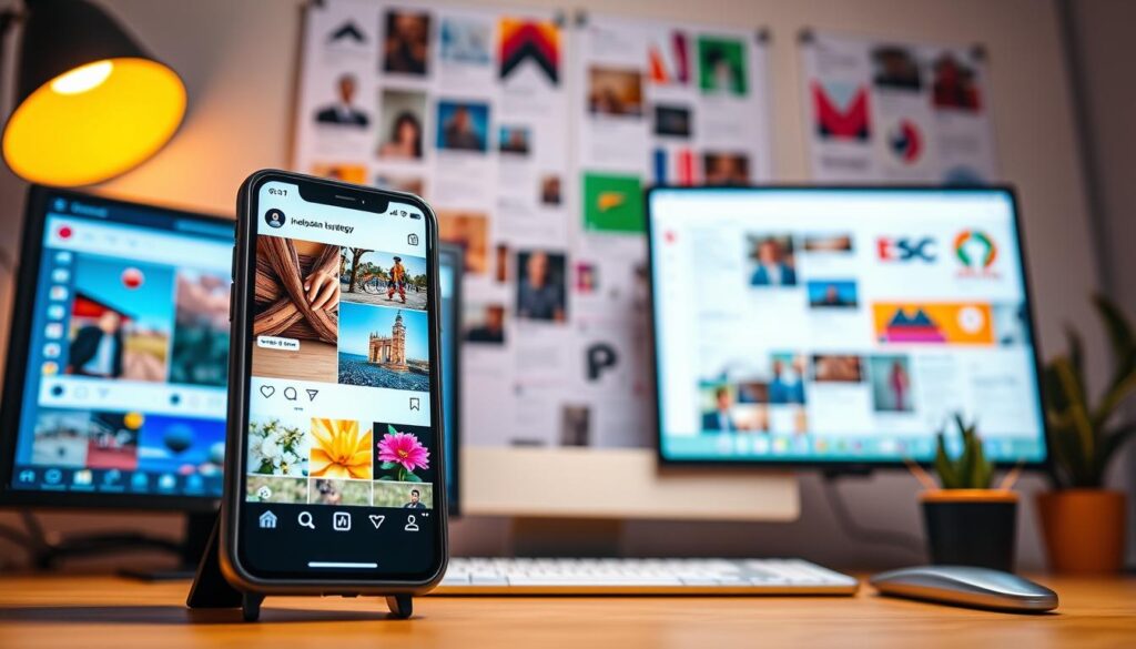 A vibrant, visually striking image of an Instagram business content strategy. In the foreground, a close-up of a smartphone displaying a curated Instagram feed, showcasing a variety of captivating visual content - from product shots to lifestyle imagery. The mid-ground features a desktop computer with analytics dashboards and social media management tools, highlighting the data-driven approach to content planning. In the background, a mood board with post ideas, content calendars, and inspirational graphics, conveying the strategic and creative process behind an effective Instagram business presence. The lighting is warm and inviting, creating a sense of productivity and professionalism. The overall scene evokes a well-organized, visually compelling Instagram business content strategy.